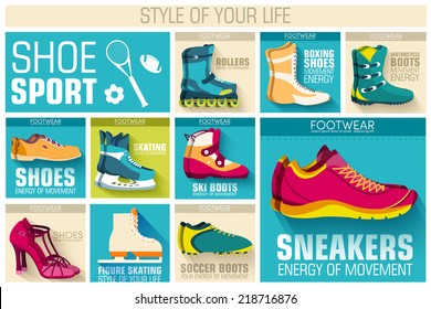 big illustration collection set of sport shoe equpment backgrounds. Vector illustration elements icons. Colorful template for you, web and mobile applications.