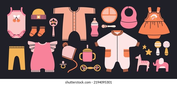 Big illustrations set with different products for newborn baby girl.
Toys, feeding, clothes and development.
Cute design in pink colors. Hand drawn vector illustrations isolated on black background.