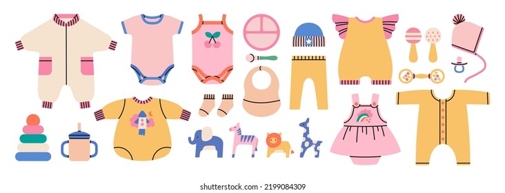 Big illustrations set with different products for newborn babies. Toys, feeding, clothes. Entertainment and development. Cute design. Hand drawn vector illustrations isolated on white background.