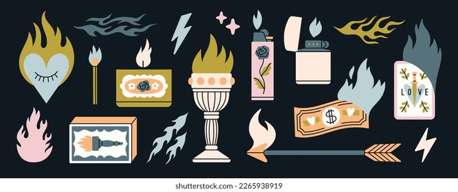 Big illustrations set with fire elements. Matchbox, candle, lighter, flame, lightning etc. Hand drawn vector illustrations isolated on black background.