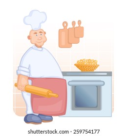 big and imposing cook in white cap and red apron with rolling pin in his hand