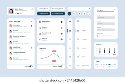 Großes und verbessertes UI-Kit für Web-Design, mobile App mit den verschiedenen Buttone, Diagrammen, Menüs, Suche, Tabs und andere.