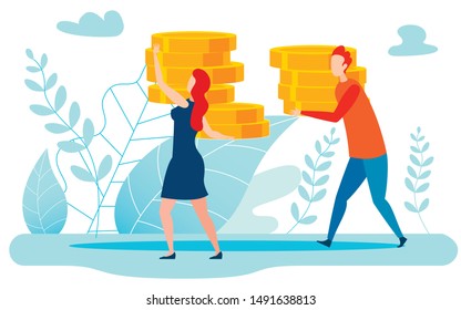 Big Income, Money Metaphor Flat Vector Illustration. Cartoon Couple Carrying Golden Coins, Family Earnings. Finance Experts, Bankers, Brokers, Financiers Having Huge Profit Flat Characters