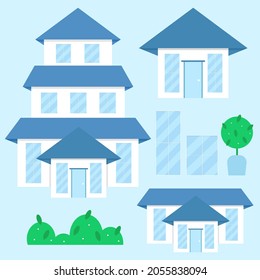 Big Indian House, Asian Building. A set of houses, windows, roofs, plants, bushes, trees. Garden by the house. White with a blue roof. Vector illustration, EPS 10. Apartment in a tanhaus. Flat style.