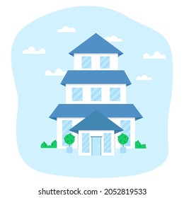 Big Indian house. Three-story Asian building. White with a blue roof. High building. Vector illustration, EPS 10. Apartment in a tanhaus. Flat style. On white background.
