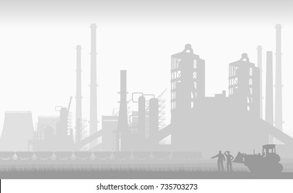 big industrial factory and workers in early morning fog