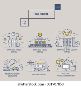 big industrial icon set with design elements gas, olive, clean, tower, hydro, train, airport, sorting, gravel in realistic thin linear style