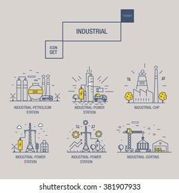 big industrial icon set with design elements gas, olive, clean, tower, hydro, train, airport, sorting, gravel in realistic thin linear style