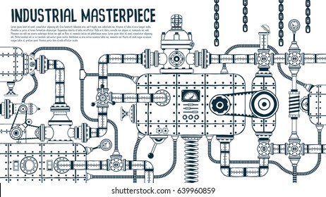 Big industrial steampunk machine with many details. Vector illustration.