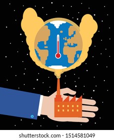 Big industry pumping greenhouse gasses into the atmosphere. A metaphor on global warming.