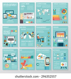 Große Infografiken im flachen Stil. Vektorgrafiken zu digitalen Projekten, Management, Kundenbeschreibung, Design und Kommunikation. Verwendung auf Website, Unternehmensbericht, Präsentation, Werbung, Marketing