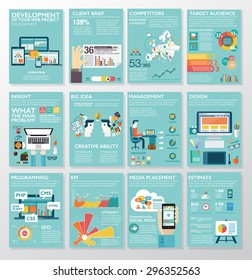 Big Infographics In Flat Style. Vector Illustrations About Digital Projects, Management, Clients Brief, Design And Communication. Use In Website, Corporate Report, Presentation, Advertising, Marketing