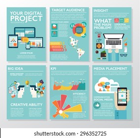 Große Infografiken im flachen Stil. Vektorgrafiken zu digitalen Projekten, Management, Kundenbeschreibung, Design und Kommunikation. Verwendung auf Website, Unternehmensbericht, Präsentation, Werbung, Marketing