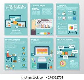 Große Infografiken im flachen Stil. Vektorgrafiken zu digitalen Projekten, Management, Kundenbeschreibung, Design und Kommunikation. Verwendung auf Website, Unternehmensbericht, Präsentation, Werbung, Marketing