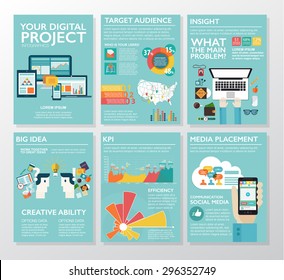 Big infographics in flat style. Vector illustrations about digital projects, management, clients brief, design and communication. Use in website, corporate report, presentation, advertising, marketing