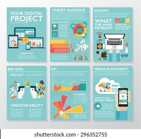 Big infographics in flat style. Vector illustrations about digital projects, management, clients brief, design and communication. Use in website, corporate report, presentation, advertising, marketing