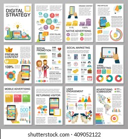 Grandes infográficos em estilo plano. Ilustrações vetoriais sobre projetos digitais, gestão, resumo de clientes, design e comunicação. Uso em site, relatório corporativo, apresentação, publicidade, marketing