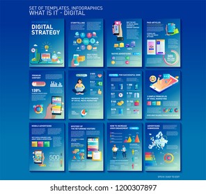 Big infographics in modern gradient style. Trend 2018. Vector illustration about digital project, smm, management, design, communication. Use in corporate report, presentation, advertising. Europe map