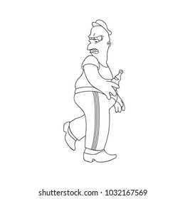 A big insolent guy who's walking with a bottle in his hand turning around.  Isolated on a white background. Concept for cover, poster and sticker.