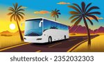 A big intercity bus is traveling on a road in an exotic country