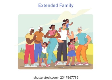 Big intergenerational family. Grandparents, mother, father and kids together. Extended family routine daily life moment. Character on the photo together. Flat vector illustration