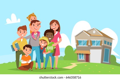 Big international family with adopted child standing together in the background of his family house. Vector illustration flat style