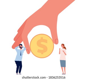 Big investments. Business people fear investition, man woman surprised their profit. Hand holding golden coin, donations vector illustration