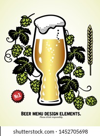 Big IPA glass of light beer with foam, hop branches and wheat. Hand drawing set of vector sketches