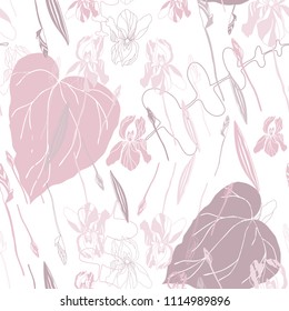 Big iris flowers . Floral vector seamless pattern with hand drawn  flowers and leaves.
