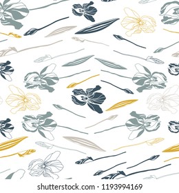 Big iris flowers . Floral vector seamless pattern with hand drawn  flowers and leaves.
