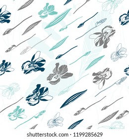 Big iris flowers . Floral vector seamless pattern with hand drawn  flowers and leaves.
