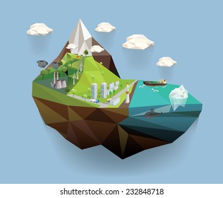 Big Island In The Sky. Ecology Concept Vector Illustration In Polygon Style. City Environment.