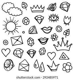 Big isolated black outline icon vector hipster set, doodle hand drawn modern summer fashion beauty elements collection. Vector doodle set.