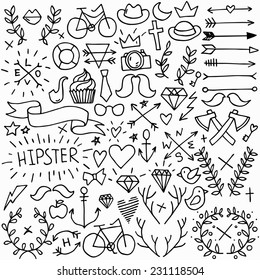 Big isolated black outline vector hipster set, doodle hand drawn modern elements collection