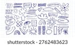Big isolated blue pen scribbles set. Hand drawn school doodles, eye, rainbow, pencil and abstract shapes on grid. Vector rough chaotic sketch elements collection for modern pop art collage design.