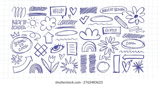 Big isolated blue pen scribbles set. Hand drawn school doodles, eye, rainbow, pencil and abstract shapes on grid. Vector rough chaotic sketch elements collection for modern pop art collage design.