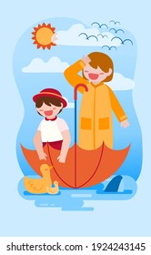 Big isolated cartoon character vector illustration of Cute kids playing in rain out side home , flat illustration 