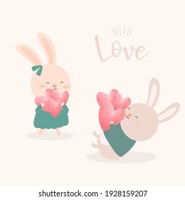 Big isolated cartoon Cute animals romantic animals couples in love, Valentine's concept, Vector illustration 