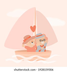 Big isolated cartoon Cute animals romantic animals couples in love, Valentine's concept, Vector illustration 