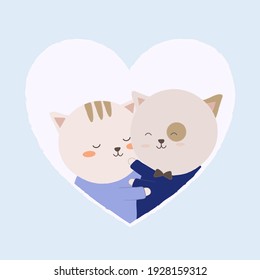 Big isolated cartoon Cute animals romantic animals couples in love, Valentine's concept, Vector illustration 