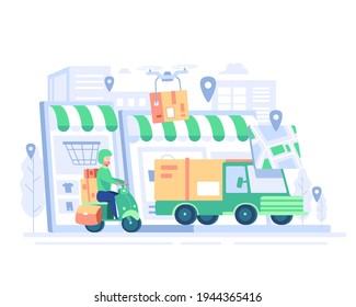 Gran vehículo de entrega aislado vector, ilustraciones planas de camiones, motocicletas, concepto de transporte comercial logístico por drones.