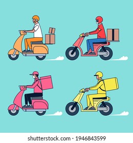 Grandes iconos vectores de vehículos de entrega aislados, ilustraciones planas de la entrega de motocicletas, concepto de transporte comercial logístico. diseño vectorial de ilustración plana