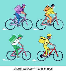 Grandes iconos vectoriales de vehículos de entrega aislados, ilustraciones planas de entrega de bicicletas, concepto de transporte comercial logístico. diseño vectorial de ilustración plana