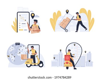 Big isolated delivery vehicle vector icons, flat illustrations of motorcycle delivery, logistic commercial transport concept. flat illustration vector design