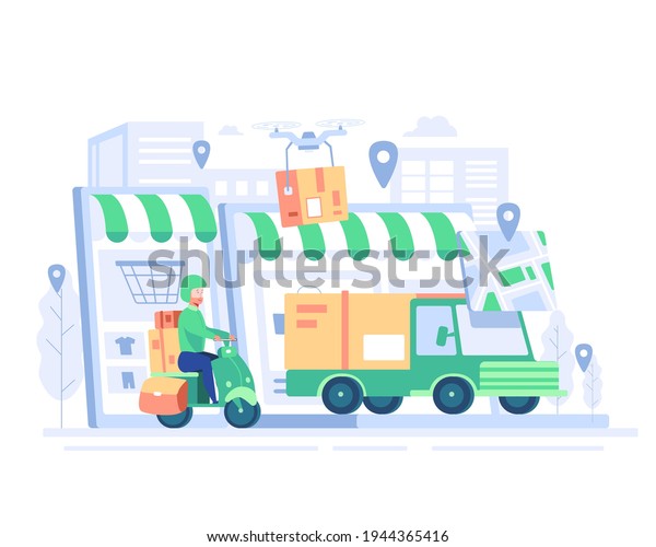 Big isolated delivery vehicle vector, flat\
illustrations of truck, motorcycle, drone logistic commercial\
transport concept.