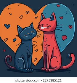 Big isolated hand-drawn cartoon vector character design cat and dog in love, doodle style Valentine concept animal flat vector illustration