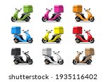 Big isolated Motorcycle vector colorful icons set, flat illustrations of various colorful motorcycles. delivery bike, pizza and food delivery, instant delivery, online delivery.