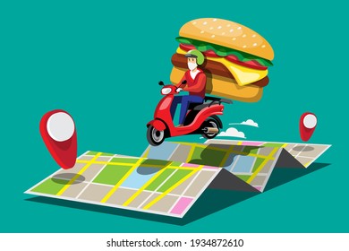 Big isolated Motorcycle vector colorful icons, flat illustrations of delivery by motorcycles through GPS tracking location. delivery bike, burger and food delivery, instant delivery, 