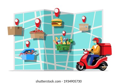 Big isolated Motorcycle vector colorful icons, flat illustrations of delivery by motorcycles through GPS tracking location. delivery bike,  food delivery, instant delivery,  