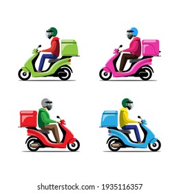 Big isolated Motorcycle vector colorful icons set, flat illustrations of various colorful motorcycles. delivery bike, pizza and food delivery, instant delivery, online delivery.